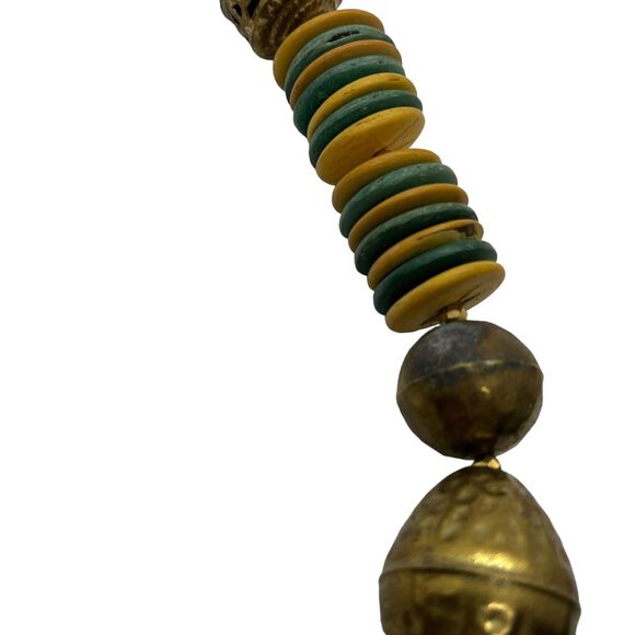 Kukui Nut Bead Necklace Statement Wood Brass Earthy Distressed Brass Vintage - Picture 10 of 16